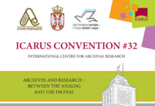 ICARUS-Tagung in Novi Sad / Kulturforum Belgrad Das Bild zeigt das Logo der 32. ICARUS-Tagung, zusammen mit Symbolen der Stadt Novi Sad – Petrovaradin-Uhrturm und Žeželj-Brücke, sowie Logos vom ÖKF Belgrad, Vojvodina-Archiv, Archiv der Stadt Novi Sad und der Firma Trevis.