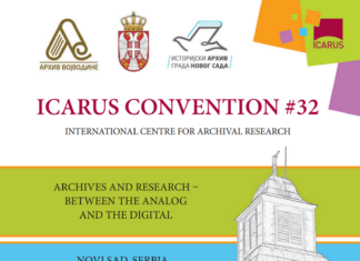 ICARUS-Tagung in Novi Sad / Kulturforum Belgrad Das Bild zeigt das Logo der 32. ICARUS-Tagung, zusammen mit Symbolen der Stadt Novi Sad – Petrovaradin-Uhrturm und Žeželj-Brücke, sowie Logos vom ÖKF Belgrad, Vojvodina-Archiv, Archiv der Stadt Novi Sad und der Firma Trevis.