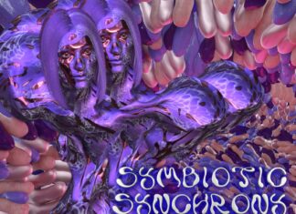 Ausstellung Dagmar Schürrer / Kulturforum Berlin Das Bild ist ein Flyer für eine Kunstveranstaltung mit dem Titel "Symbiotic Synchrony" von Dagmar Schürrer. Das visuelle Design des Flyers ist abstrakt und surreal, dominiert von violetten und rosa Farbtönen. Im Hintergrund sind mehrere sich überlappende, organische Formen zu sehen. Zentral im Bild sind zwei symmetrische, humanoide Figuren, die ebenfalls in violetten Tönen gehalten sind und miteinander verschmelzen.
