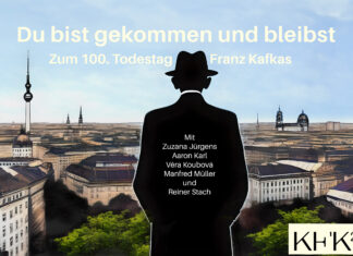 Du bist gekommen und bleibst / Kulturforum Berlin Das Bild zeigt: KI-Fantasie zum Thema "Kafka und Berlin". Man sieht die Silhouette von Franz Kafka vor der Skyline von Berlin. Nachbearbeitung: © Deutsches Kulturforum östliches Europa