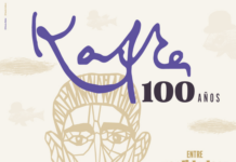 100 Jahre Kafka-Zyklus / Österreiche Botschaft Bogota Das Bild zeigt eine Zeichnung des Kopfes von Franz Kafka, auf beigem Hintergrund, mehrere kleinere lila Figuren aus Kafkas Werken, und den Titel der Veranstaltung „Kafka 100 Jahre: zwischen Realität und Verwandlung.“