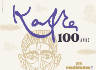 100 Jahre Kafka-Zyklus / Österreiche Botschaft Bogota Das Bild zeigt eine Zeichnung des Kopfes von Franz Kafka, auf beigem Hintergrund, mehrere kleinere lila Figuren aus Kafkas Werken, und den Titel der Veranstaltung „Kafka 100 Jahre: zwischen Realität und Verwandlung.“