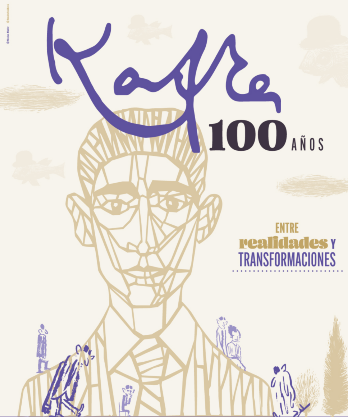 Das Bild zeigt eine Zeichnung des Kopfes von Franz Kafka, auf beigem Hintergrund, mehrere kleinere lila Figuren aus Kafkas Werken, und den Titel der Veranstaltung „Kafka 100 Jahre: zwischen Realität und Verwandlung.“