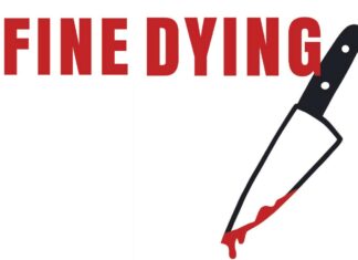 Lesung: Eva Rossmann / Kulturforum Brüssel Das Bild zeigt die Wörter "Fine Dying" in großen, roten Druckbuchstaben zusammen mit dem Umriss eines Küchenmessers, von dessen Klinge rotes Blut tropft.