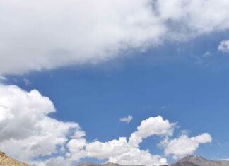 Kunstfestival / Kulturforum New Delhi Das Bild zeigt das Kunstwerk “River of Sweat” von Anshu Singh, einen bunten gestrickten Teppich der über mehrere Wüstendünen verläuft