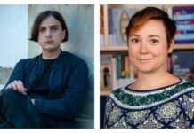 Buchpräsentation: Content / Kulturforum London Man sieht zwei nebeneinander angeordnete Bilder. Links sitzt Elias Hirschl, rechts sitzt Ruth Martin vor einem Bücherregal.