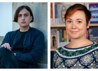 Buchpräsentation: Content / Kulturforum London Man sieht zwei nebeneinander angeordnete Bilder. Links sitzt Elias Hirschl, rechts sitzt Ruth Martin vor einem Bücherregal.