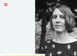 Climate Fiction Workshop / Öst. Kulturplattform Arabischer Raum – Botschaft Kairo Das Bild zeigt das Veranstaltungsplakat mit dem Titel „How to write stories about possible futures“ und einem Foto von Sabine Schönfelnner