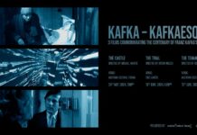 Kafka – Kafkaesque / Österreichische Botschaft London Auf der rechten Seite des Bildes befindet sich die Überschrift „Kafka-Kafkaesque“ gefolgt von Informationen zu den 3 Filmen, die in dieser Serie gezeigt werden. Rechts unten befinden sich das Logo des KF London und des Institut Français. Links befinden sich 3 Standbilder der 3 Filme. Das Bild ist in Blautönen vor schwarzem Hintergrund gehalten.