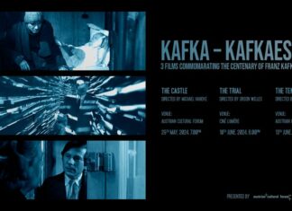 Kafka – Kafkaesque / Österreichische Botschaft London Auf der rechten Seite des Bildes befindet sich die Überschrift „Kafka-Kafkaesque“ gefolgt von Informationen zu den 3 Filmen, die in dieser Serie gezeigt werden. Rechts unten befinden sich das Logo des KF London und des Institut Français. Links befinden sich 3 Standbilder der 3 Filme. Das Bild ist in Blautönen vor schwarzem Hintergrund gehalten.