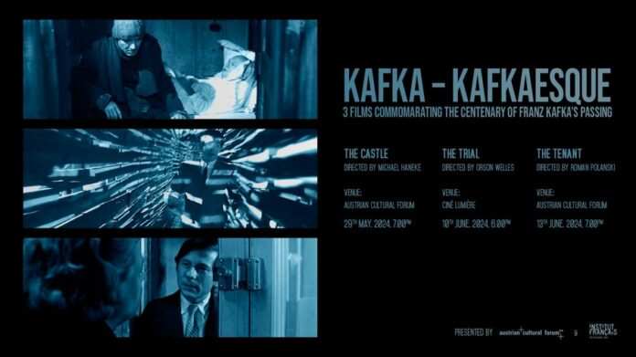 Auf der rechten Seite des Bildes befindet sich die Überschrift „Kafka-Kafkaesque“ gefolgt von Informationen zu den 3 Filmen, die in dieser Serie gezeigt werden. Rechts unten befinden sich das Logo des KF London und des Institut Français. Links befinden sich 3 Standbilder der 3 Filme. Das Bild ist in Blautönen vor schwarzem Hintergrund gehalten.