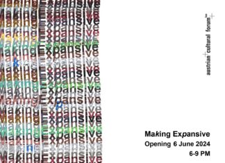 Making Expansive / Kulturforum London Auf der linken Seite des Posters befindet sich ein Banner mit dem sich immer wiederholenden und überlappenden Ausstellungstitel „Making Expansive“ in verschiedenen Farben. Auf der rechten Seite ist das Logo des ACF, sowie Details zur Ausstellungseröffnung und die Namen der Künstlerinnen und Künstler sowie der Kuratorin.