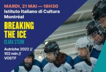 Eurosport – Screening of “Breaking the Ice” by Clara Stern / Kulturforum Ottawa Das Bild zeigt ein Eishockeyteam, bestehend ausschließlich aus Frauen, vor einem blauen Hintergrund. In der rechten oberen Ecke befindet sich eine Schrift in französischer Sprache mit dem Datum, der Uhrzeit und dem Veranstaltungsort des Events. Ebenfalls in einem helleren Blauton erscheint das Logo für Eurosport.