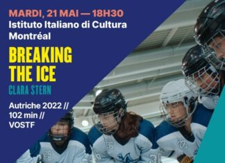 Eurosport – Screening of “Breaking the Ice” by Clara Stern / Kulturforum Ottawa Das Bild zeigt ein Eishockeyteam, bestehend ausschließlich aus Frauen, vor einem blauen Hintergrund. In der rechten oberen Ecke befindet sich eine Schrift in französischer Sprache mit dem Datum, der Uhrzeit und dem Veranstaltungsort des Events. Ebenfalls in einem helleren Blauton erscheint das Logo für Eurosport.