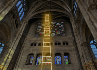 Installation “Himmelsleiter – Friedensleiter” x Olympische Spiele Paris 2024 / Kulturforum Paris Bei dem Bild handelt es sich um eine Fotomontage der Himmelsleiter in der Kirche Saint-Eustache