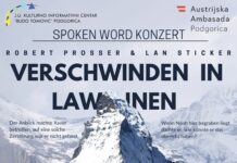Spoken-Word Konzert / Botschaft Podgorica Der Ankündigungsflyer zeigt eine schroffe, leicht verschneite Felsspitze. Links und rechts des Felsens stehen zwei kurze Zitate aus des Roman. „Der Anblick machte Xaver ganz betroffen, auf eine solche Zerstörung war er nicht gefasst.“ „Wenn Noah hier begraben liegt, dachte er, wie könnte er das überlebt haben?“