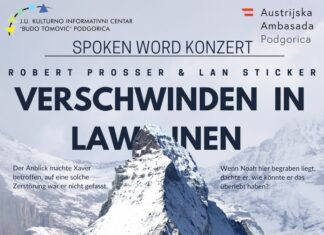 Spoken-Word Konzert / Botschaft Podgorica Der Ankündigungsflyer zeigt eine schroffe, leicht verschneite Felsspitze. Links und rechts des Felsens stehen zwei kurze Zitate aus des Roman. „Der Anblick machte Xaver ganz betroffen, auf eine solche Zerstörung war er nicht gefasst.“ „Wenn Noah hier begraben liegt, dachte er, wie könnte er das überlebt haben?“