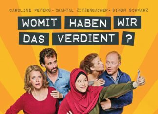 European Film Festival Botswana / Kulturforum Pretoria Das Bild zeigt fünf Personen, darunter eine junge Frau, die mit eine Abaya trägt und ihr Haar mit einem Schal bedeckt. Die Personen um sie herum scheinen fassungslos.