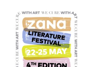 ZaNa Literatur-Festival „With Art We Cure“/ Botschaft Pristina Das Bild zeigt das braun/blau/gelb/rosa Logo der 4. Ausgabe des ZaNa-Literaturfestivals „With Art We Cure“ in Mitrovica. Das Logo ist eingerahmt mit einem Spruchband „With Art We Cure“.