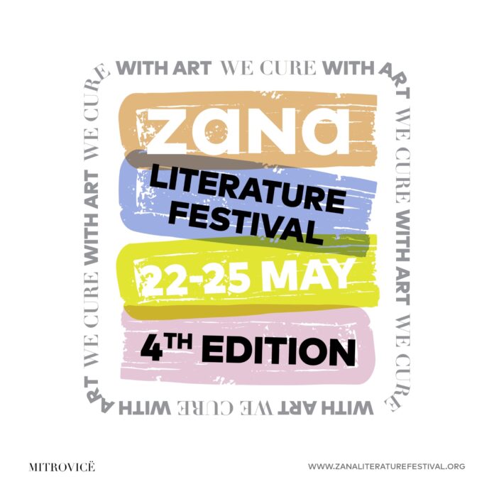 Das Bild zeigt das braun/blau/gelb/rosa Logo der 4. Ausgabe des ZaNa-Literaturfestivals „With Art We Cure“ in Mitrovica. Das Logo ist eingerahmt mit einem Spruchband „With Art We Cure“.