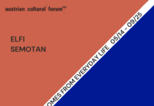 Inspiration Comes from Everyday Life: Works by Elfie Semotan and Nina Hollein / Kulturforum New York Beim Bild handelt es sich um ein abstraktes Bild, das diagonal in zwei Hälften geteilt ist. Die linke Seite ist in einem Orangeton gehalten und die Rechte in einem Blauton. Dazwischen steht der Titel der Ausstellung Inspiration Comes from Everyday Life: Works by Elfie Semotan and Nina Hollein / Kulturforum New York.