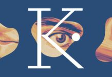 ‘‘K. Kafka, jetzt‘‘ / Kulturforum Belgrad Illustration von Kafkas Gesichtszügen und weißer Buchstabe K auf dunkelblauem Hintergrund