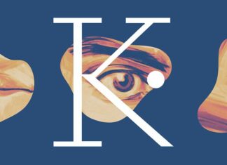 ‘‘K. Kafka, jetzt‘‘ / Kulturforum Belgrad Illustration von Kafkas Gesichtszügen und weißer Buchstabe K auf dunkelblauem Hintergrund