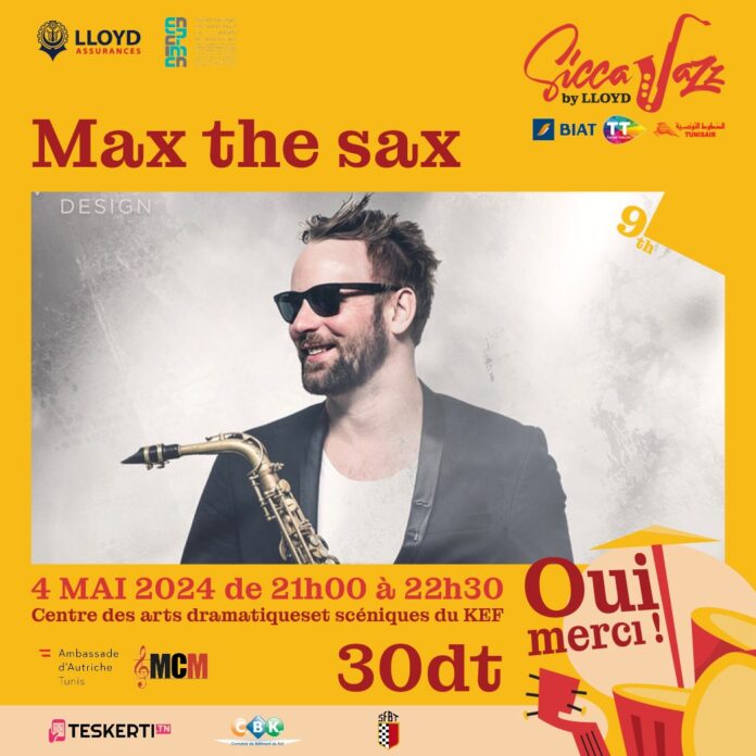 Das Bild zeigt die Ankündigung des Abschlusskonzerts am 4. Mai 2024 mit dem österreichischen Saxofonisten Max The Sax.