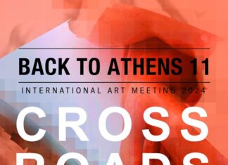 BACK TO ATHENS 11 „Crossroads“ / Botschaft Athen Das Bild zeigt das diesjährige Poster der Veranstaltung „Back to Athens“. Sujet: abstrakter roter Hintergrund mit weiss-schwarzem Schriftzug