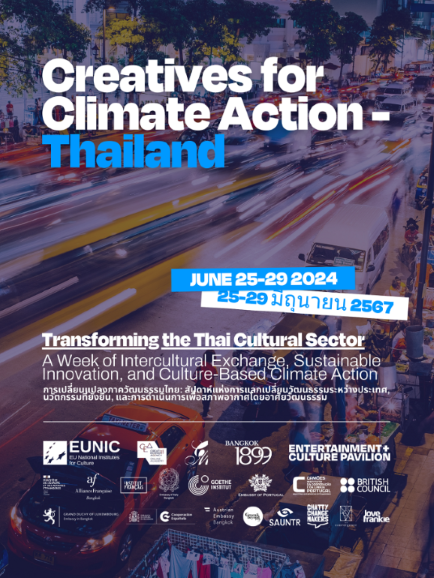 Das Bild zeigt das Poster der Konferenz Creatives for Climate Action – Thailand. Sujet: verschwommene Autos auf einer stark befahrenen Strasse