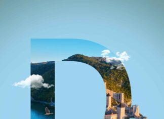 Paneldiskussion AT EUSDR-Vorsitz / Kulturforum Belgrad Das Bild zeigt das Visual der Veranstaltung. Sujet: ein großes blaue D, ein Vogelschwarm zieht vorbei, die Donau und eine Burg ist zu sehen. Darunter steht „Dan Dunava“