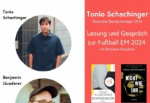 Lesung Tonio Schachinger / Kulturforum Berlin Das Bild ist eine Werbung für eine Lesung und ein Gespräch zur Fußball-Europameisterschaft 2024 mit Tonio Schachinger und Benjamin Quaderer. Es ist in zwei Bereiche unterteilt: auf der linken Seite befinden sich Fotos der beiden Teilnehmer und auf der rechten Seite sind die Veranstaltungsdetails und Abbildungen von zwei Büchern zu sehen.