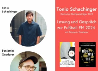 Lesung Tonio Schachinger / Kulturforum Berlin Das Bild ist eine Werbung für eine Lesung und ein Gespräch zur Fußball-Europameisterschaft 2024 mit Tonio Schachinger und Benjamin Quaderer. Es ist in zwei Bereiche unterteilt: auf der linken Seite befinden sich Fotos der beiden Teilnehmer und auf der rechten Seite sind die Veranstaltungsdetails und Abbildungen von zwei Büchern zu sehen.