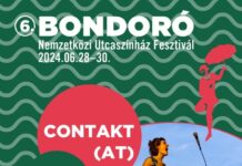 ConTakt Circus Collective: “Foley” / Kulturforum Budapest Das Bild zeigt das Plakat des Bondoró Festivals mit einem Foto vom ConTakt Circus Collective bei einer akrobatischen Aufführung des Zirkusstücks „Foley“. Eine Frau steht auf den Schultern einer anderen Frau, ein Mann wirft ihr ein Mikrofon zu.