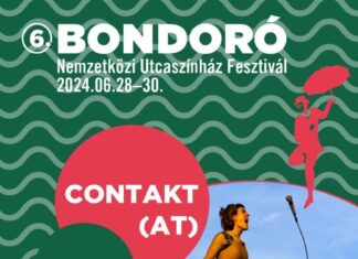 ConTakt Circus Collective: “Foley” / Kulturforum Budapest Das Bild zeigt das Plakat des Bondoró Festivals mit einem Foto vom ConTakt Circus Collective bei einer akrobatischen Aufführung des Zirkusstücks „Foley“. Eine Frau steht auf den Schultern einer anderen Frau, ein Mann wirft ihr ein Mikrofon zu.