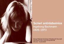 Ingeborg Bachmann und Paul Celan / Kulturforum Bukarest Das Bild zeigt das Plakat der Veranstaltung. Sujet: Ingeborg Bachmann über eine Schreibmaschine gebeugt