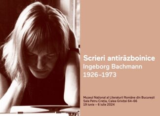Ingeborg Bachmann und Paul Celan / Kulturforum Bukarest Das Bild zeigt das Plakat der Veranstaltung. Sujet: Ingeborg Bachmann über eine Schreibmaschine gebeugt