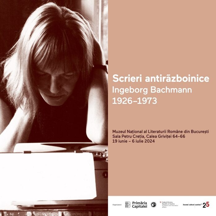 Das Bild zeigt das Plakat der Veranstaltung. Sujet: Ingeborg Bachmann über eine Schreibmaschine gebeugt