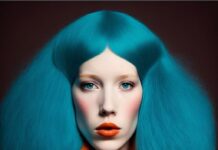 Talk / Digitale Kulturplattform Arabischer Raum / Kulturforum Kairo Das Bild zeigt ein KI-generiertes Bild. Zu sehen ist eine Dame mit blauen Haaren und starrem Blick, die auf ihrem Schoß einen schwarzen Pudel hält