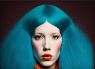 Talk / Digitale Kulturplattform Arabischer Raum / Kulturforum Kairo Das Bild zeigt ein KI-generiertes Bild. Zu sehen ist eine Dame mit blauen Haaren und starrem Blick, die auf ihrem Schoß einen schwarzen Pudel hält