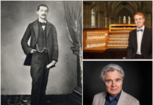 200 Jahre Anton Bruckner / Kulturforum London Das Bild zeigt drei Fotos: Links steht Anton Bruckner, rechts daneben befinden sich zwei Portraitfotos. Das erste zeigt Stefan Donner, einen österreichischen Pianisten und Organisten, und das zweite zeigt Rüdiger Görner, einen Literaturwissenschaftler und Schriftsteller