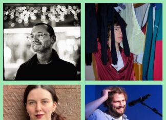 European Poetry Festival 2024 / Kulturforum London Auf dem Foto ist eine Collage von Porträtfotos zu sehen, die alle Poetinnen und Poeten der Veranstaltung repräsentieren. Die Fotos sind in einem grünen Rahmen angeordnet. In der oberen Reihe sind zwei Porträts zu sehen, darunter befinden sich die zwei weiteren Porträts.