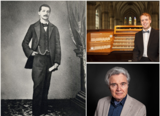 200 Jahre Anton Bruckner / Kulturforum London Das Bild zeigt drei Fotos: Links steht Anton Bruckner, rechts daneben befinden sich zwei Portraitfotos. Das erste zeigt Stefan Donner, einen österreichischen Pianisten und Organisten, und das zweite zeigt Rüdiger Görner, einen Literaturwissenschaftler und Schriftsteller