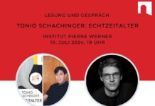 Echtzeitalter / Botschaft Luxemburg Das Bild zeigt ein Foto des österreichischen Autors Tonio Schachinger sowie den Titel seines Buches „Echtzeitalter“ und ein Foto des Luxemburger Autors Samuel Hamen