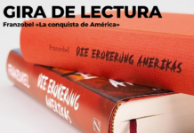 Franzobel in Spanien / Kulturforum Madrid Das Bild zeigt den Roman "Die Eroberung Amerikas" sowie Informationen zur Lesereise Franzobels.
