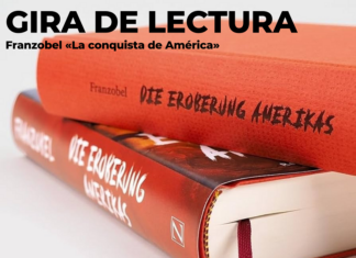 Franzobel in Spanien / Kulturforum Madrid Das Bild zeigt den Roman "Die Eroberung Amerikas" sowie Informationen zur Lesereise Franzobels.
