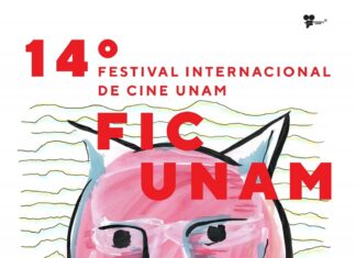 Österreichische Filme am Filmfestival FICUNAM 2024 / Österreichische Botschaft Mexiko Das Bild zeigt einen Flyer mit einer künstlerischen Zeichnung die einem Schwein ähnelt, welche den Namen des Filmfestivals inklusive Ort und Datum bewirbt