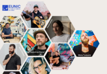 EUNIC New York Cluster Mural Project “Garden of Collective Futures 2024”/ Kulturforum New York Das Bild zeigt 9 Porträtfotos der beteiligten Künstlerinnen und Künstler und ein Foto eines Kunstwerks der deutschen Künstlerin Rosa Sarholz