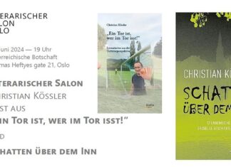 Literarischer Salon / Österreichische Botschaft Oslo Das Bild zeigt die Buchcover von „„Ein Tor ist, wer im Tor isst!“ - Literarisches aus der Torhüterperspektive“ und „Schatten über dem Inn - 17 unheimliche, sagenhafte und gruselige Geschichten aus Innsbruck“ sowie Logo, Orts- und Zeitangabe der Veranstaltung