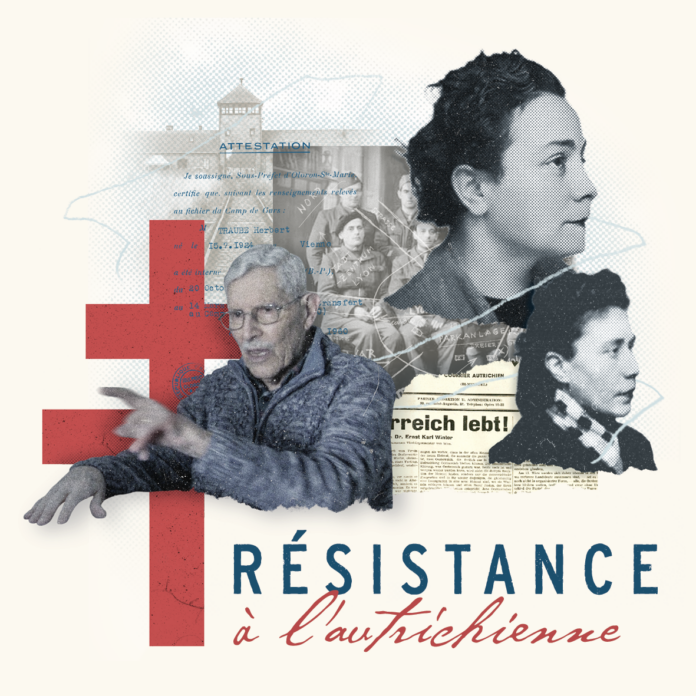 Das Bild ist eine Collage in Farbe mit der Aufschrift « RÉSISTANCE À L'AUTRICHIENNE » und drei Portraits von Herbert Traube, Anni Sussmann und Tilly Spiegel